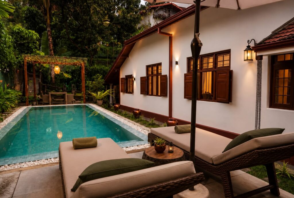 The colonial bungalow and its tropical gardens